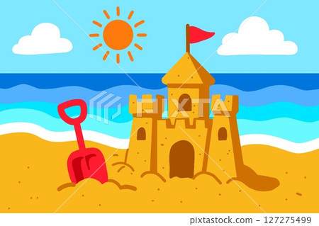 Illustration of the sea, beach and sand castle Illustration of the sea, beach and sand castle 127275499