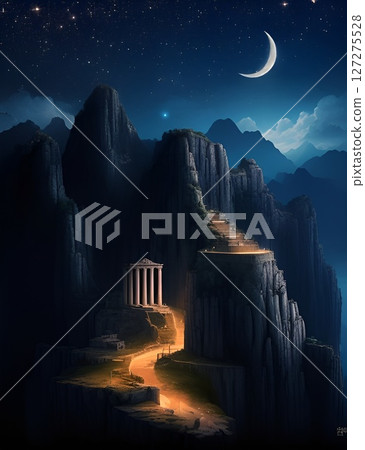 遊戲背景:奇幻世界懸崖上的神廟,一彎新月,靜謐的夜空 遊戲背景:奇幻世界懸崖上的神廟,一彎新月,靜謐的夜空 127275528
