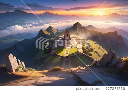 遊戲背景：黎明時分懸崖上的奇幻世界寺廟全景 127275530