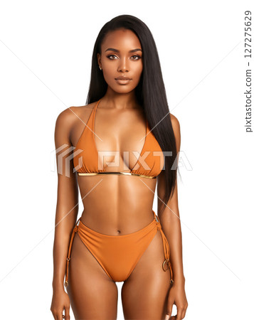 Burnt orange bikini with a triangle top featuring gold ring accents in the center and matching high-waisted bottoms with a 127275629