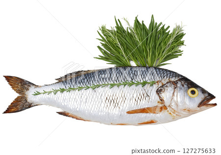 Pla Pao - Grilled whole fish, often stuffed with herbs and spices, then cooked over an open flame for 127275633