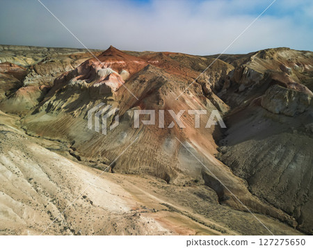 Aerial view across Aktumsuk hills revealing erosion, color bands and wild steppe Aerial view across Aktumsuk hills revealing erosion, color bands and wild steppe 127275650
