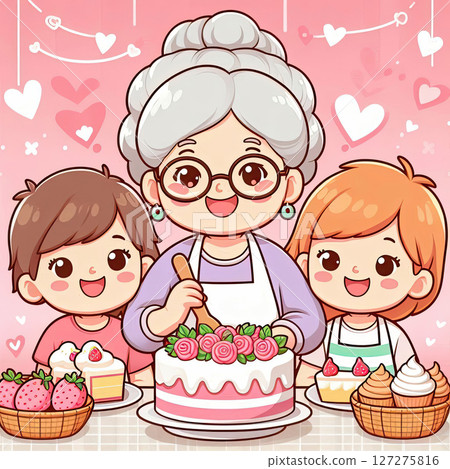 Happy Grandparents Day, kawaii cartoon style grandma baking cakes with smiling kids, pink background with sweets and hearts, 127275816