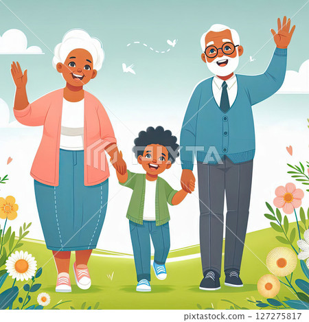 Grandparents with their grandson and grandgirl walking through a green field with flowers, smiling and waving, cartoon illustration with bright sky and friendly expressions, Happy Grandparents Day 127275817