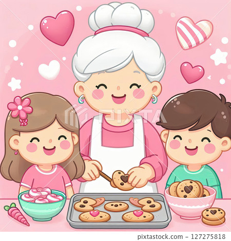 Happy Grandparents Day, kawaii cartoon style grandma baking cakes with smiling kids, pink background with sweets and hearts, 127275818
