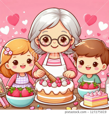 Happy Grandparents Day, kawaii cartoon style grandma baking cakes with smiling kids, pink background with sweets and hearts, 127275819