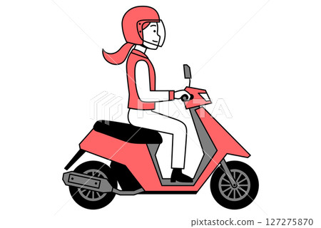 一名年輕女子駕駛一輛輕便摩托車 一名年輕女子駕駛一輛輕便摩托車 127275870