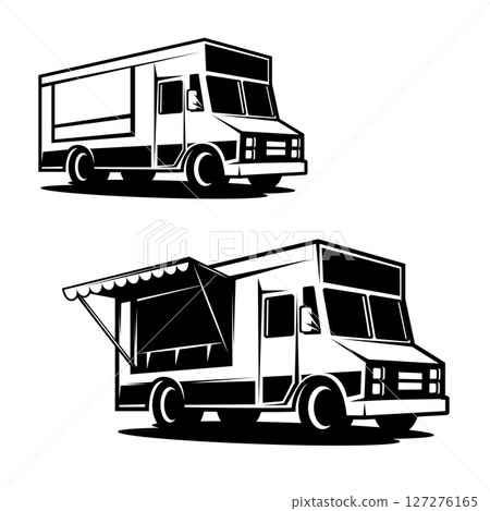 Illustration of an food truck. Design element for emblem, sign, badge. Vector illustration 127276165