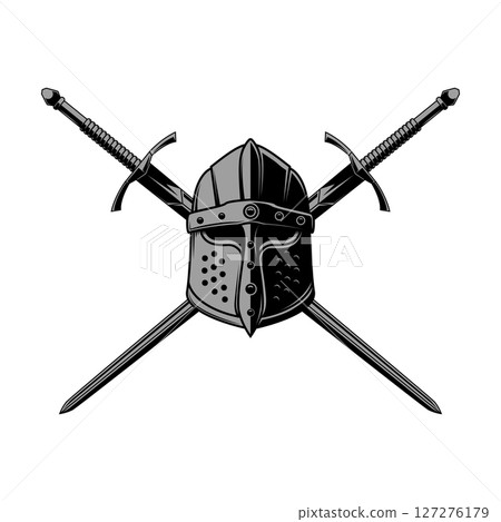 Illustration of knight's helmet and crossed swords. Knight's swords. Design element for emblems, sign, banner. Vector illustration 127276179