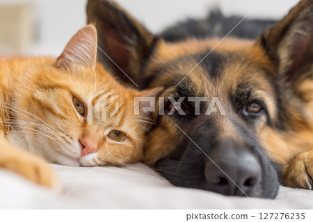 A cat and a dog resting facing each other, an intimate moment of harmony and trust 127276235