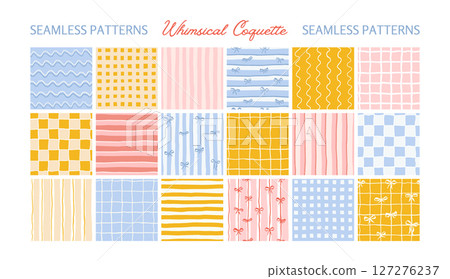 Bold Color Striped Backgrounds Simple Checkered Vector Seamless Patterns Set with Ribbon Bow Mediterranean Summer Travel Themed Design, Fabric Textile, Kitchen Decor. Illustrations Under Clipping Mask Bold Color Striped Backgrounds Simple Checkered Vector Seamless Patterns Set with Ribbon Bow Mediterranean Summer Travel Themed Design, Fabric Textile, Kitchen Decor. Illustrations Under Clipping Mask 127276237