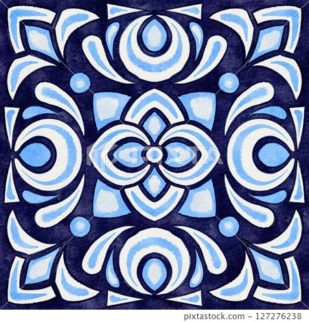 Classic Blue Geometric Watercolor Tile, Traditional Indigo Hand Drawn Mediterranean Mosaic Floral Square with Ornate Flower, Portuguese Azulejo, Ceramic Spanish or Mexican Talavera Ornamental Artwork Classic Blue Geometric Watercolor Tile, Traditional Indigo Hand Drawn Mediterranean Mosaic Floral Square with Ornate Flower, Portuguese Azulejo, Ceramic Spanish or Mexican Talavera Ornamental Artwork 127276238