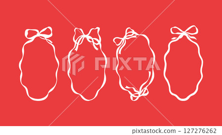 Red Bow Frame, Vector Oval Y2K Coquette Pen Outline Cute Fashion or Baby Shower Feminine Ribbon Border, Charming Ink Doodle for Valentine or Wedding Illustration 127276262