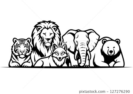 Stylized black and white vector illustration of wild animals tiger, lion, wolf, elephant, and bear posing together. Clean, bold lines, ideal for logos. Stylized black and white vector illustration of wild animals tiger, lion, wolf, elephant, and bear posing together. Clean, bold lines, ideal for logos. 127276290