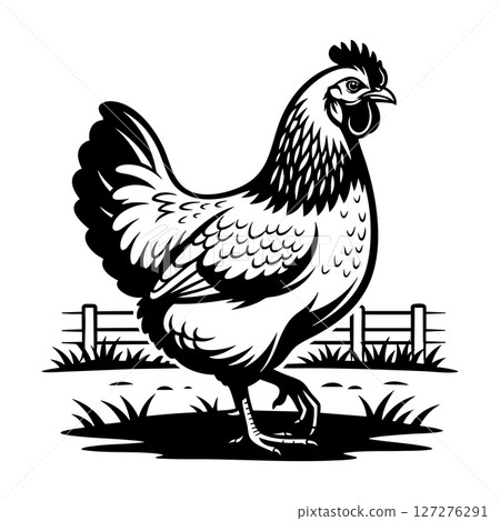 Black and white vector illustration of a Wyandotte chicken standing proudly on a farm. Bold lines, clean design, perfect for prints, logos, or packaging. Black and white vector illustration of a Wyandotte chicken standing proudly on a farm. Bold lines, clean design, perfect for prints, logos, or packaging. 127276291