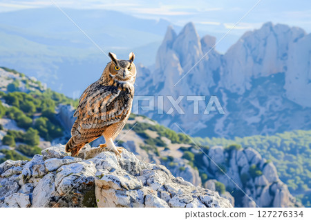 Large owl is perched on a rocky mountain peak 127276334