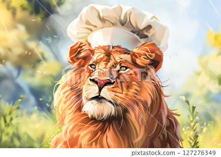 Lion wearing a chef's hat is standing in a field Lion wearing a chef's hat is standing in a field 127276349