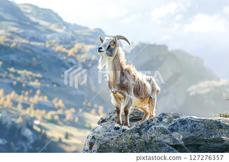 Goat is standing on a rocky mountain top Goat is standing on a rocky mountain top 127276357
