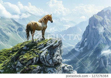 Horse is standing on a mountain top Horse is standing on a mountain top 127276364