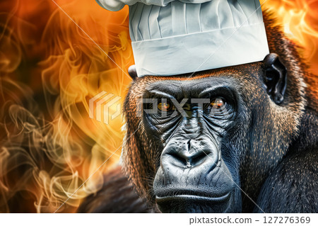 Gorilla wearing a chef's hat and standing in front of a fire 127276369