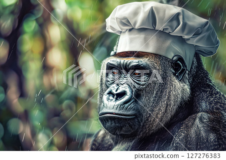 Gorilla wearing a chef's hat and apron 127276383