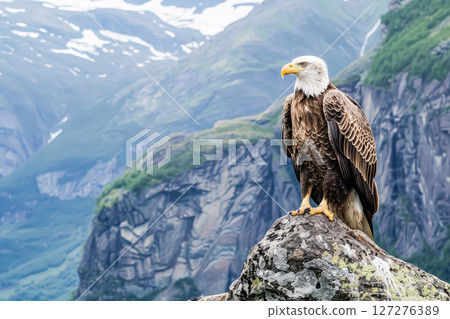 Bald eagle is perched on a rock in front of a mountain range 127276389