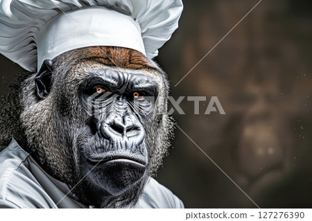 Gorilla wearing a chef's hat and a white apron 127276390