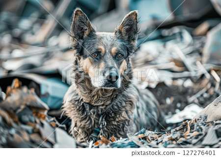 Dog is laying in a pile of debris, looking up at the camera 127276401