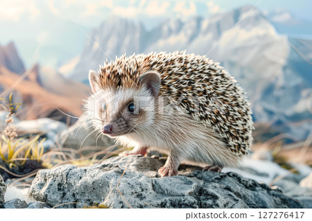 Small brown and white hedgehog is standing on a rock in the mountains 127276417
