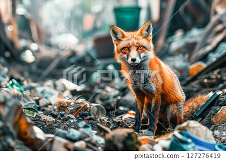 Fox is standing in a pile of trash 127276419