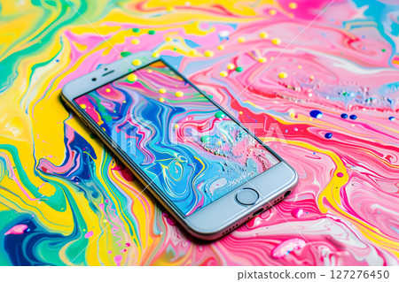 Phone is sitting on a colorful surface with a painting of a swirl pattern 127276450