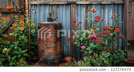 Rusty metal barrel sits in front of a wooden fence Rusty metal barrel sits in front of a wooden fence 127276479