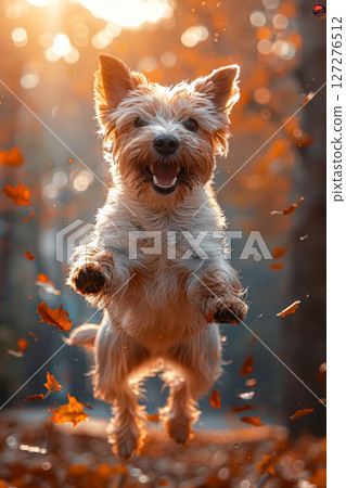 Dog is jumping in the air with its mouth open. 127276512
