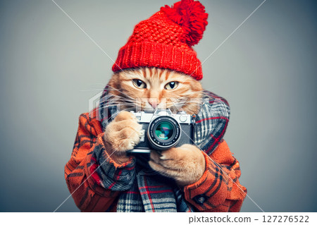 Cat wearing a red hat and a sweater is holding a camera. 127276522