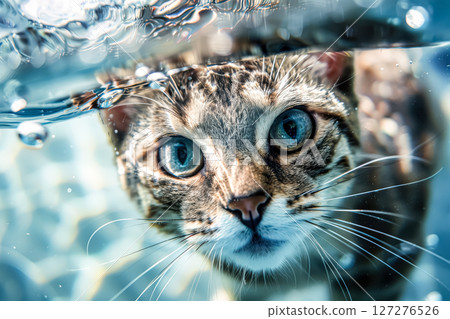 Cat is looking at the camera in a pool of water 127276526