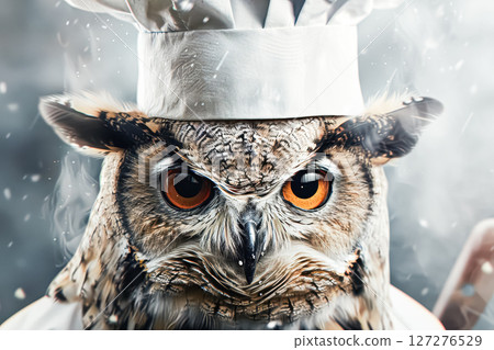 Chef owl is wearing a white hat and standing in front of a stove Chef owl is wearing a white hat and standing in front of a stove 127276529