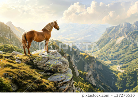 Brown horse is standing on a rocky mountain top 127276530