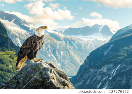 Bald eagle is perched on a rock in front of a mountain range 127276532