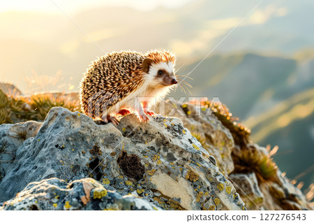 Small animal with a white face and brown fur is sitting on a rock 127276543