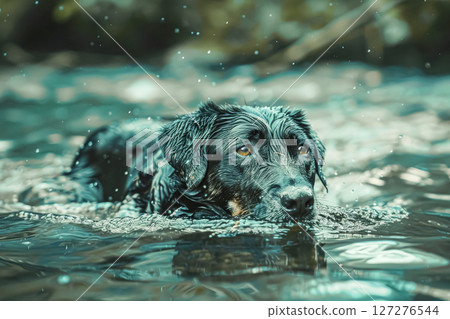 Black dog is swimming in a body of water 127276544