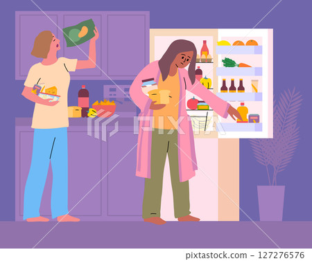 Cartoon Color Characters Girl with Chips at Refrigerator and Night Snack Concept Flat Design Style. Vector illustration of Late Night Snacking Cartoon Color Characters Girl with Chips at Refrigerator and Night Snack Concept Flat Design Style. Vector illustration of Late Night Snacking 127276576