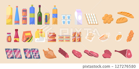 Cartoon Color Different Types Food for Supermarket Shelving and Refrigerator Set Nutrition Concept Flat Design Style. Vector illustration 127276580