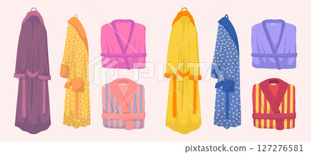 Cartoon Color Different Bathrobe Set Folded and Hanging View Concept Flat Design Style. Vector illustration of Bathrobes 127276581