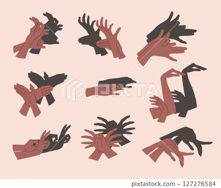 Cartoon Color Different Dark Skin Hand Shadow Puppets Set Concept Flat Design Style. Vector illustration of Hands Creating Various Shapes 127276584