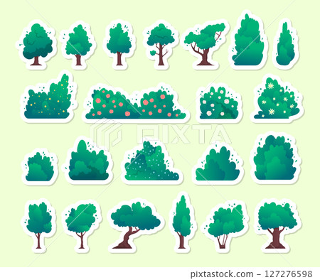 Cartoon Color Different Types of Green Trees and Bushes Stickers Set Concept Flat Design Style. Vector illustration 127276598