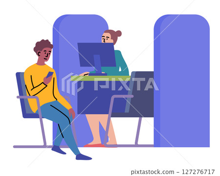 Cartoon Color Character Client Guy and Manager at Bank Office Room Providing Banking Services Concept Flat Design Style. Vector illustration Cartoon Color Character Client Guy and Manager at Bank Office Room Providing Banking Services Concept Flat Design Style. Vector illustration 127276717