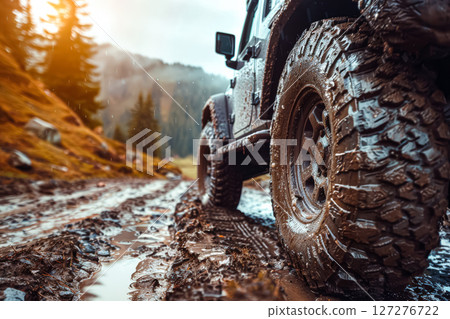 Dirty truck with mud on the tires is driving down a dirt road. 127276722