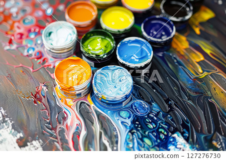 Collection of paint jars in various colors, including blue, red, and yellow. 127276730