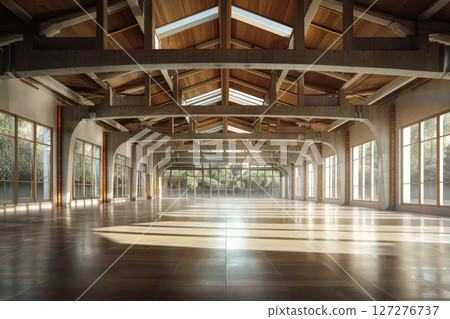 Large, empty room with a lot of windows. 127276737