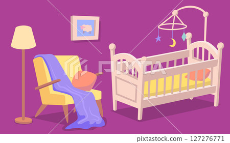 Cartoon Color Armchair Lounge and Wooden Baby Cot with Hanging Toy Interior Inside Element Concept Flat Design Style. Vector illustration 127276771